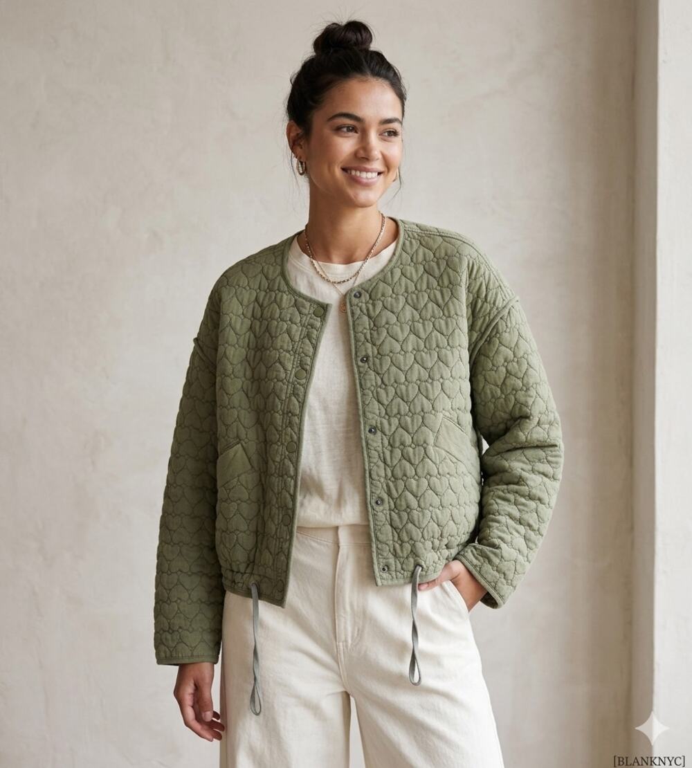 BLANKNYC Heart Quilted Boho Jacket Sage Green Cotton Puffer Boxy Snap Front L